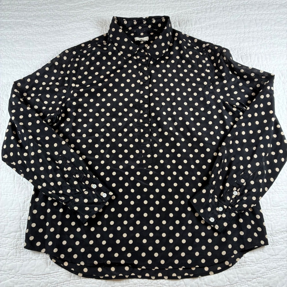 J Crew Polka Dot Cotton Silk Blend Blouse Black Ivory Long Sleeve Shirt 14